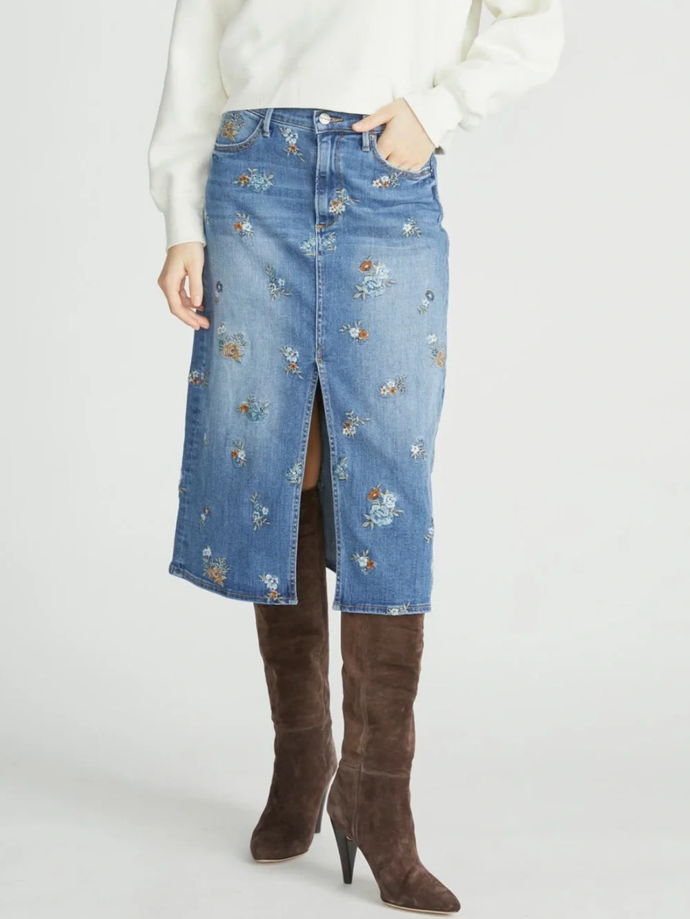 Free People Driftwood Piper Floral Embroidered Denim Midi Skirt - 27